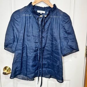 FRAME Navy Sheer Ruffle Neck Tie Blouse Size Small Puff Sleeve Boho Top